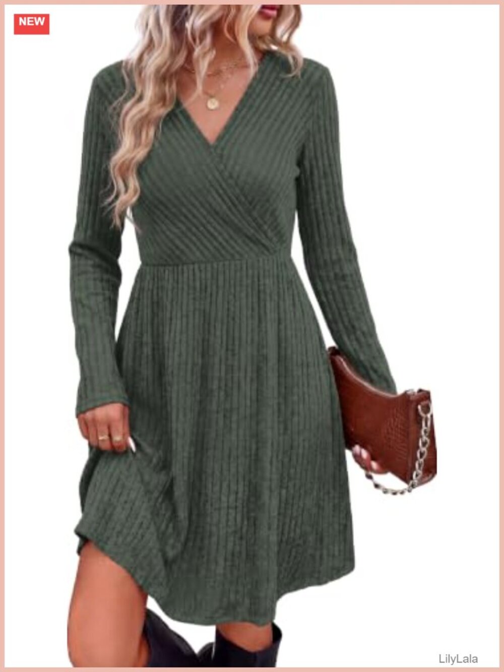 Ribbed Knit Wrap Sweater Dress Long Sleeve V-Neck Knee Length A-Line Pockets